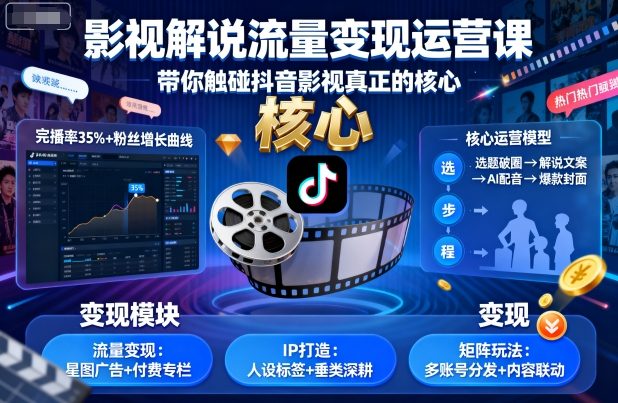 影视解说流量变现运营课，带你触碰抖音影视真正的核心-吾爱云课堂