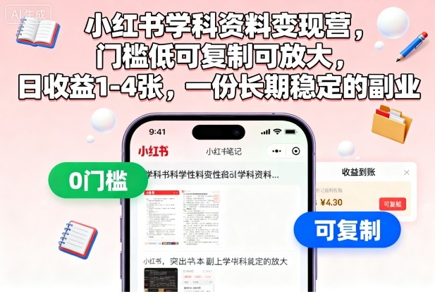 小红书学科资料变现营,门槛低可复制可放大,日收益1-4张,一份长期稳定的副业-吾爱云课堂