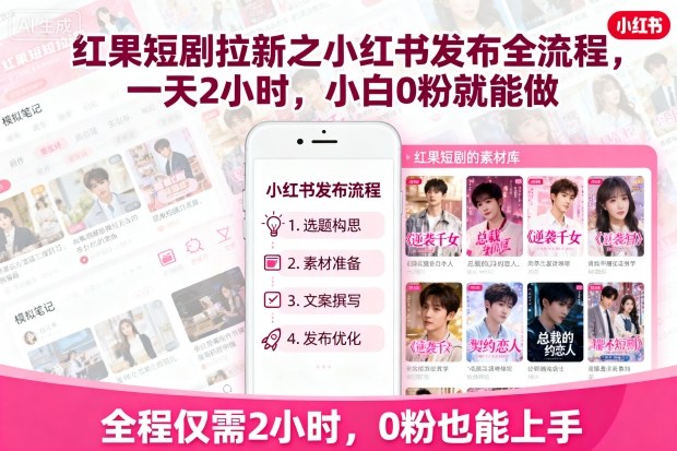 红果短剧拉新之小红书发布全流程，一天2小时，小白0粉就能做-吾爱云课堂