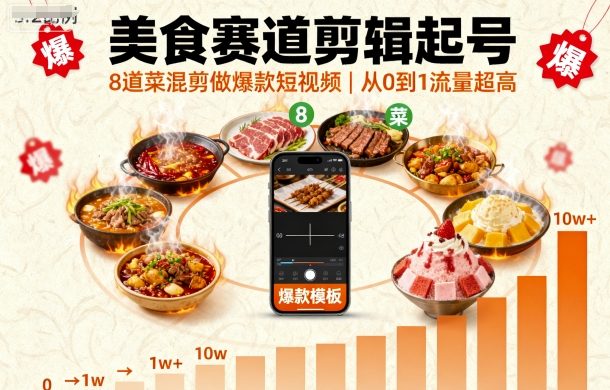 美食赛道剪辑起号，8道菜混剪做爆款短视频，从0到1，流量超高-吾爱云课堂