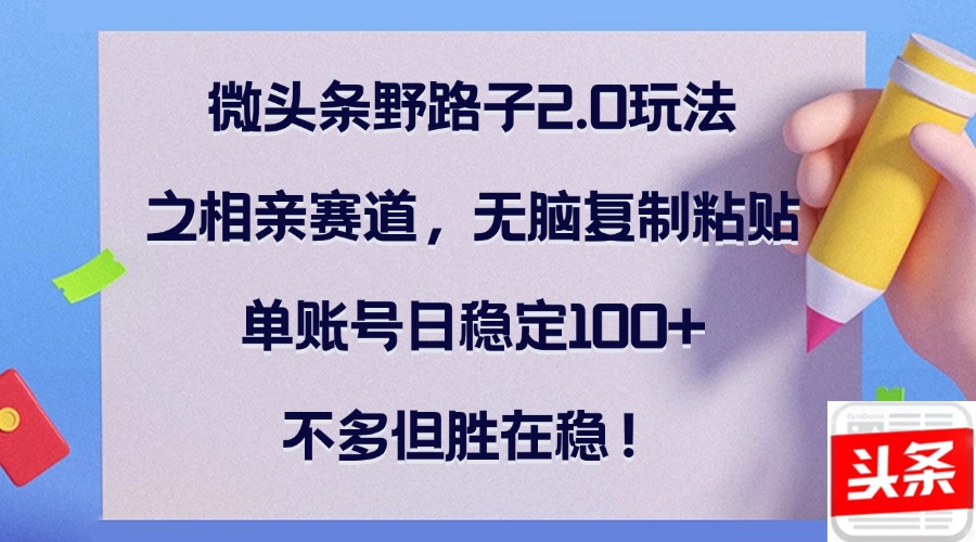 微头条野路子2.0玩法之相亲赛道,无脑复制粘贴,单账号日稳定100+,不...-吾爱云课堂