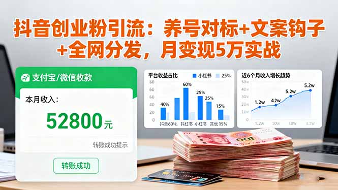 抖音创业粉引流:养号对标+文案钩子+全网分发,月变现5万实战-吾爱云课堂
