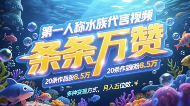 第一人称水族代言视频,条条万赞,20条作品涨粉7.8W,多种变现方式月入五位数-吾爱云课堂